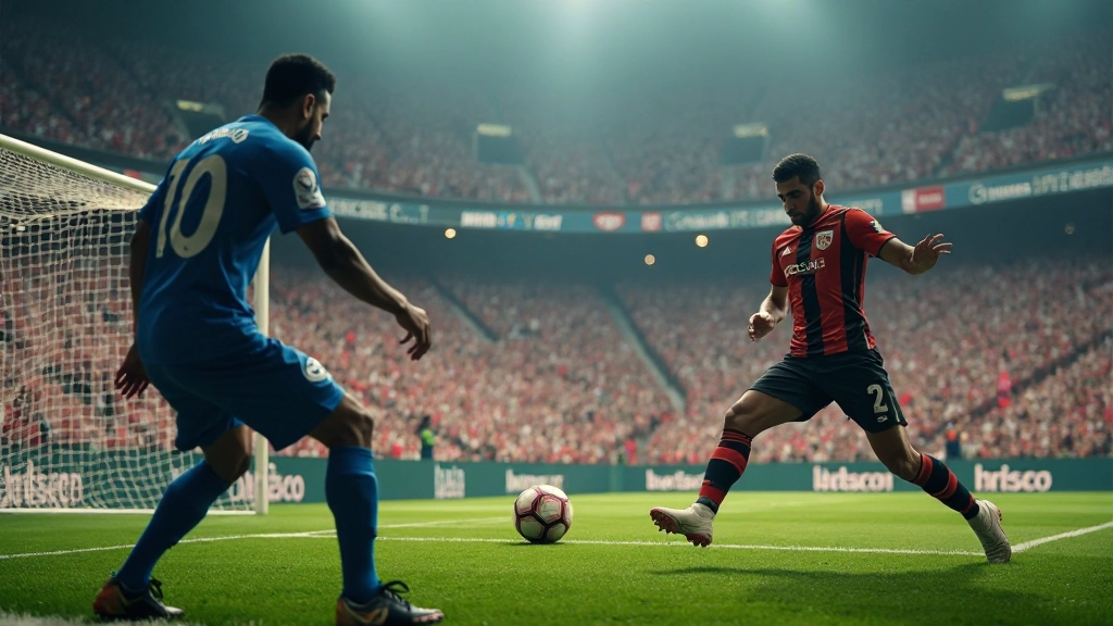 لاعب كرة قدم يسدد الكرة باتجاه المرمى مع حارس المرمى في وضع دفاعي